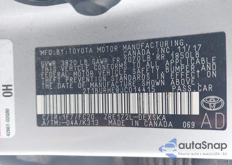 2018 Toyota Corolla Se from USA, damaged, VIN 2T1BURHE8JC014415